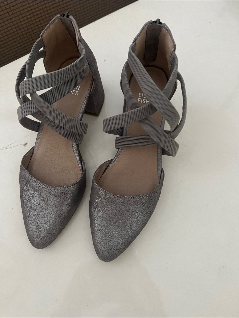 Eileen Fisher Metallic Gray Pointed Toe Strappy Block Heels